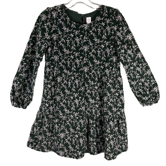Gap Kids Girls L (10) Long Sleeves Corduroy Tiered Dress Forest Green Floral - Picture 1 of 11